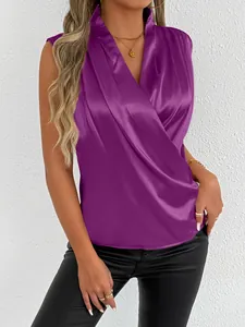 Elegant purple satin sleeveless blouse with draped V-neck and luxurious silk-like texture