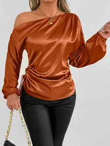 Elegant copper satin off-shoulder long sleeve blouse with side drawstring detail for women