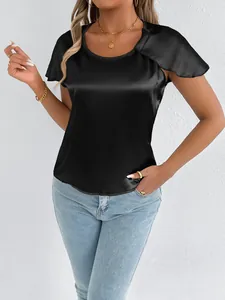 Close-up detail of a premium black satin short sleeve T-shirt with elegant silky luster