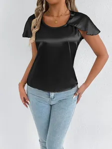 Elegant black satin short sleeve top for women featuring smooth silky texture and ruffle sleeves