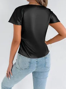 Back view of a high-quality black satin short sleeve T-shirt with a premium silk-like finish