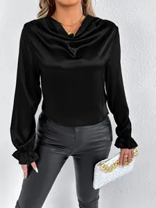 Elegant black satin cowl neck blouse with ruffled cuffs for women