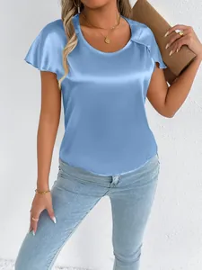 Elegant sky blue satin short sleeve t-shirt with a smooth silk-like finish for women.