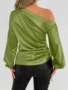 Back view of elegant olive green satin one-shoulder blouse with long sleeves
