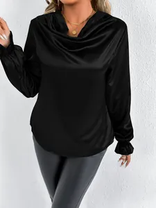 Elegant black satin cowl neck blouse featuring long sleeves with ruffled cuffs detail