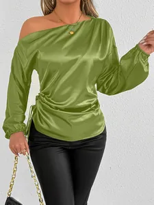 Elegant olive green satin one-shoulder blouse with long sleeves and drawstring side detail