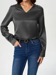 Elegant charcoal grey long sleeve satin blouse with V-neck for professional office wear.