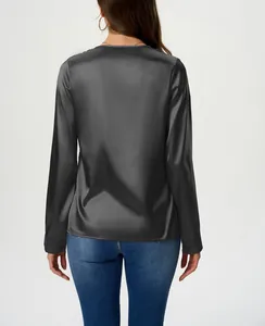Back view of a charcoal grey long sleeve satin shirt showing fabric sheen and slim fit