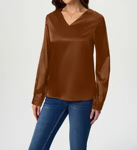 Elegant V-neck long sleeve satin blouse in caramel brown with a smooth silk finish