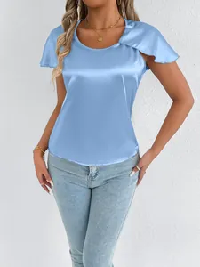 Close-up of light blue satin short-sleeve top showing elegant fabric sheen and texture