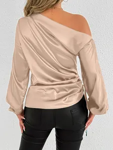 Back view of elegant champagne satin off-shoulder long sleeve blouse for women