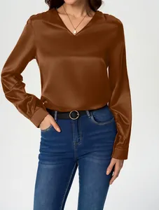 Elegant copper long sleeve satin blouse for women featuring a stylish V-neckline