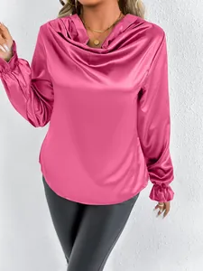 Elegant hot pink satin cowl neck blouse for women with stylish ruffled cuffs detail.