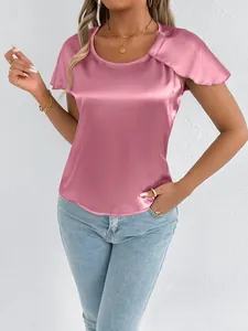Elegant pink satin short sleeve blouse for women with a silky sheen