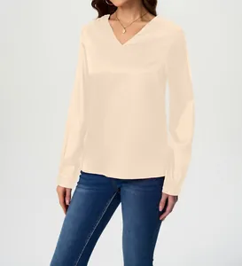 Elegant champagne satin long-sleeved blouse with V-neck design for women's fashion