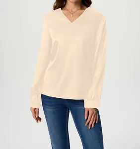Front view of an elegant cream satin long sleeve blouse for women with a V-neck design
