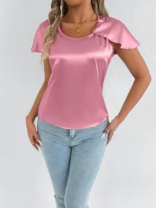Detailed view of elegant pink satin short-sleeved blouse with soft silk-like sheen