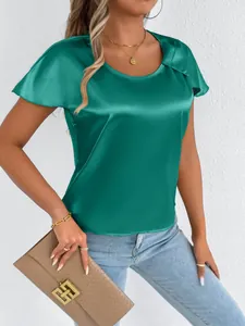Detailed view of women's elegant green satin blouse featuring stylish butterfly short sleeves