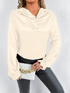 Elegant cream satin blouse with stylish cowl neck and ruffled cuffs detail view for women