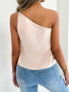 Detailed back view of an elegant champagne satin one-shoulder tank top for women