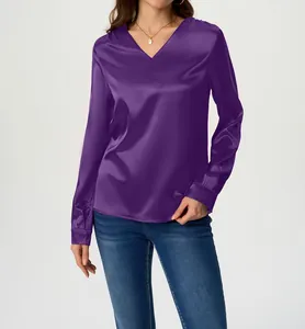 Detail view of an elegant purple V-neck long sleeve satin blouse with a silk-like finish