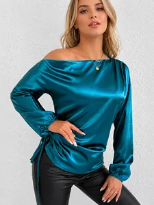 Women Satin One Shoulder Blouse Long Sleeve Ruched Drawstring Side Silk Texture Shirt Casual Party Top For Streetwear