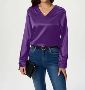 Elegant purple satin long-sleeved blouse with V-neck and silky texture detail