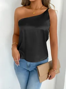 Elegant black one-shoulder satin top for women featuring a smooth and glossy finish.
