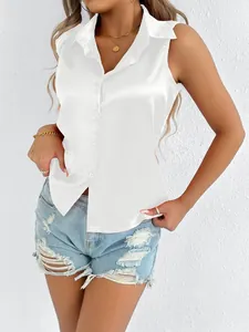 Elegante blusa de satén blanca sin mangas para mujer moda de verano estilo cotidiano