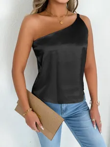 Elegant black satin one-shoulder top for women, perfect for summer stylish occasions.