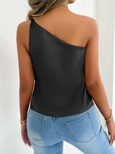 Back view of a black one-shoulder satin top showing smooth fabric and elegant cut