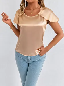 Women Elegant Satin Short Sleeve T-Shirt Round Neck Ruffle Sleeve Faux Silk Top Casual Solid Color Commuter Blouse