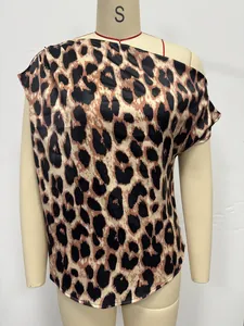 Chic leopard print satin blouse with an asymmetric one-shoulder design for women