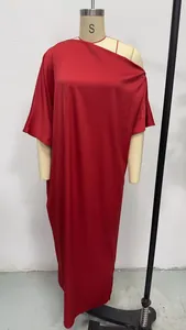 Elegant red one-shoulder satin maxi dress displayed on a professional garment mannequin