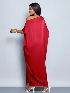 Elegant red satin one-shoulder maxi dress for women showing sophisticated silky back detail