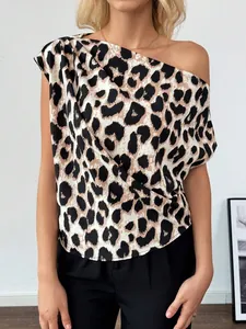 Detailed view of fashionable leopard print satin blouse with off-shoulder design