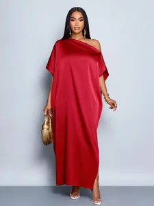 Elegant red satin off-shoulder long dress for women, perfect for evening parties.