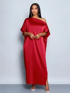 Elegant red satin maxi dress featuring an off-the-shoulder design and a flowing silhouette