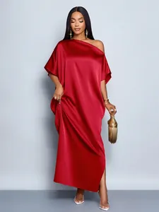 Elegant red satin off-the-shoulder long evening dress for women with graceful floor-length drape