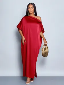 Elegant red satin one-shoulder maxi dress for women with glossy finish and slit detail