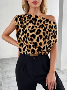 Women Leopard Print One Shoulder Satin Blouse Sleeveless Patchwork Summer Sexy Clubwear Top