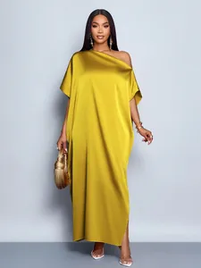 Elegant mustard yellow satin one-shoulder maxi dress for women, flowing evening gown