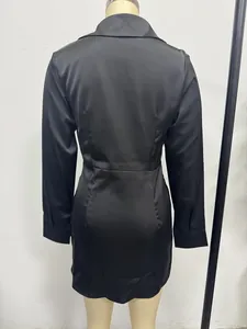 Detailed back view of an elegant black satin long sleeve mini dress with a fitted waist