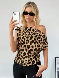 Sexy leopard print satin off-shoulder top for women, trendy summer fashion blouse.