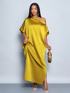 Elegant yellow satin one-shoulder maxi dress featuring a luxurious glossy finish detail