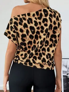 Fashionable leopard print one-shoulder satin blouse for women's summer street style look