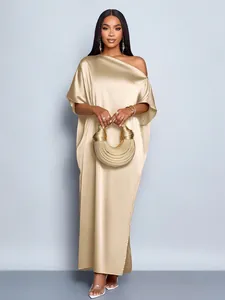 Elegant champagne gold satin off-the-shoulder maxi dress with side slit