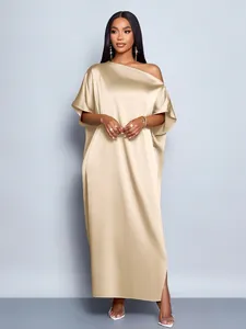 Elegant champagne gold satin maxi dress featuring a chic off-shoulder draped silhouette