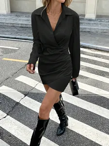 Elegant black satin long sleeve ruched wrap mini dress for women on street crosswalk