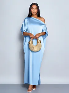 Elegant sky blue satin evening gown with one-shoulder design and gold handbag accessory